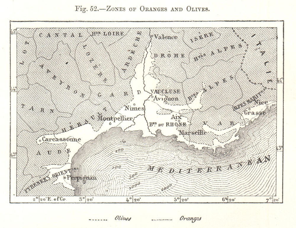 Zones of Oranges and Olives. Southern France. Sketch map 1885 old antique